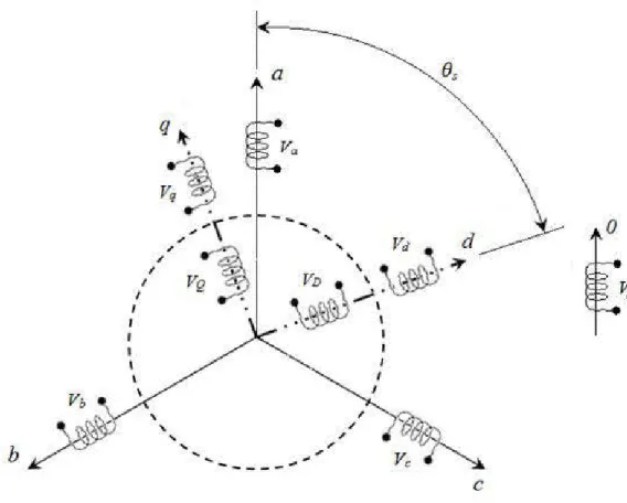 Figure 3-2 : Maclùne asynchrone dans les repères (abc) et (dqO) de Park 