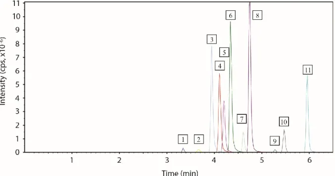 Figure 2.1 Chromatogram of the complete cassette including all four internal standards after a  250 nmol.L-1 concentration injection of pooled standards and IS