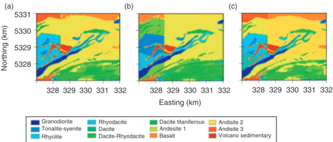 Figure 4 Horizontal cross-sections showing three possible geological maps simulated by ANN at a depth of 930 m.