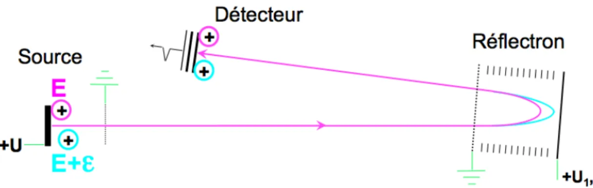 Fig. 8: Schéma d’un spectromètre de masse par de temps de vol avec un réflectron 