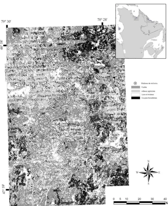 Figure  1.1  : Localisation des  155  paires  de nichoirs  sur un territoire  couvrant environ  10  000  km 2  en Abitibi, Québec, Canada .