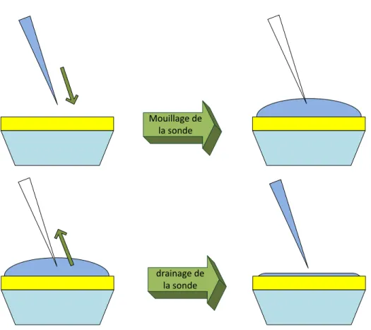 Figure 27.  Fonctionnalisation d’une sonde sans fluidique fermée. Les solutions sont  ajoutées et drainées les unes après les autres sur la sonde à l’aide d’une micropipette, et 