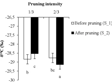 Figure 2.5  Model-averaged predictions for 8 13 C values across pruning intensities for  leaves  of summer-pruned  trees