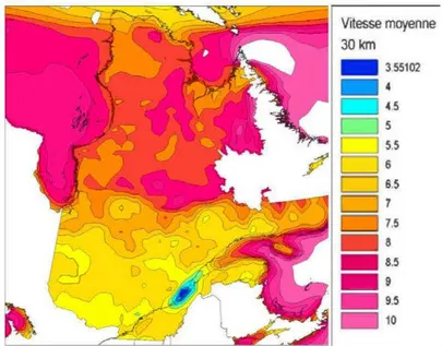 Figure 2-2: Vitesse  moyenne sur l'ensemble du Québec. Modélisation WEST à  30 km de maille