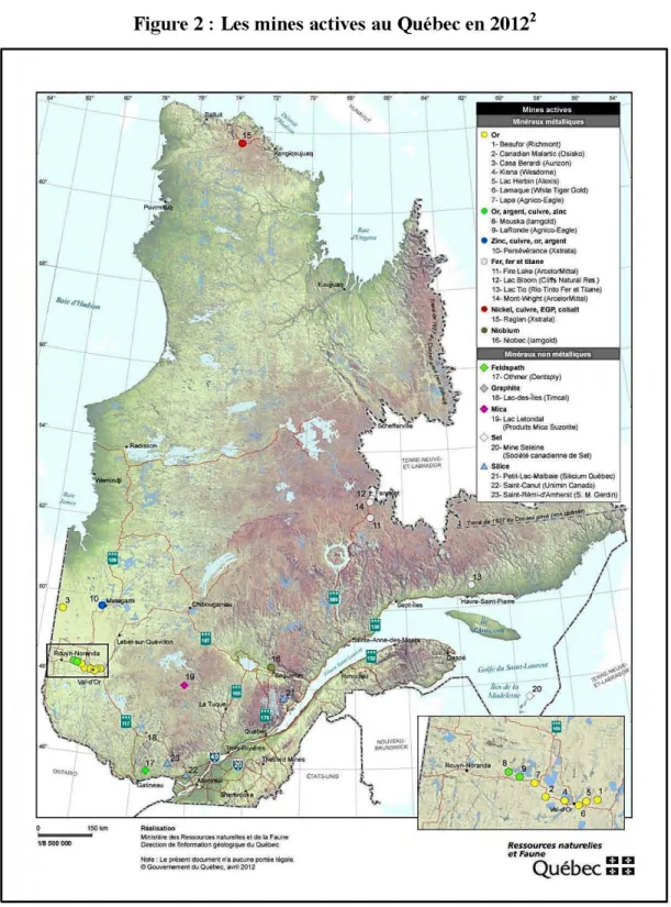 Figure 2  Les mines actives au Québec en 2012 2 