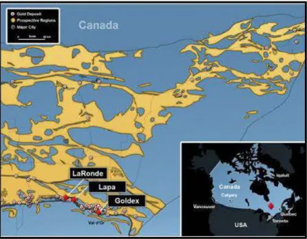 Figure 8: Situation géographique des divisions Laronde, Lapa et Goldex d' AEM, au  Québec 