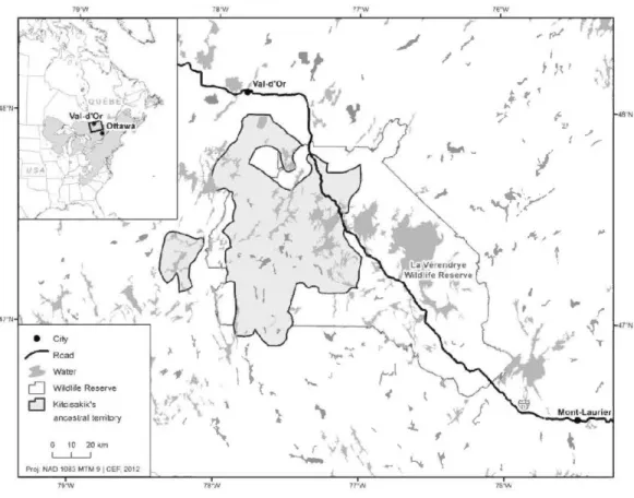 Figure 2.1  Location  of  Kitcisakik's  ancestral t erritory  in western Quebec.  The  inset  shows  the  distribution  of white  pine  in  east ern  North  America  (after  Wendel  and  Smith 1990)
