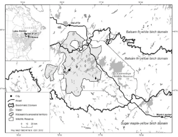 Figure 3.1  Location of the  study area (Kitcisakik's  ancestral territory)  in the  balsam  frr  ~  yellow  birch bioclimatic domain in western Quebec