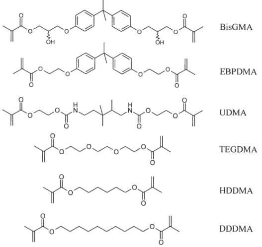 Figure 1.1 Structures des monomères diméthacrylates typiquement retrouvés dans la phase organique des résines composites