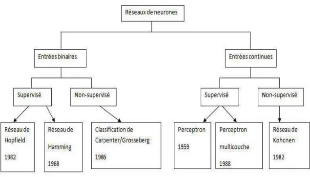 Figure 4. 7 : Classification des modèles de réseaux de neurones par type d' apprentissage