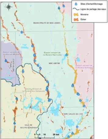 Figure 4.2:  Localisation des  sources  échantillonnées  (voir la figure  3.2  pour l'identification des  eskers et de la Moraine d'Harricana), (Limites de bassins versants de niveau 1, MDDEP, 2005)