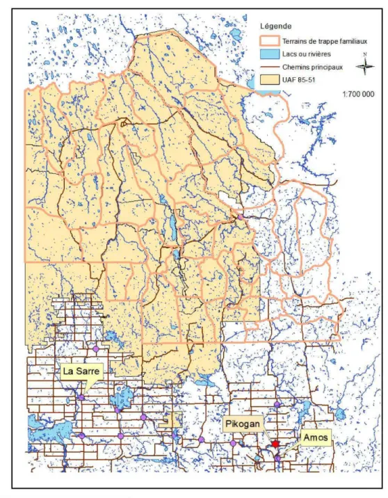 Figure 3.2 Localisation de  la communauté de Pikogan (Québec, Canada) et de  la zone  d'étude (UAF 85-51) 