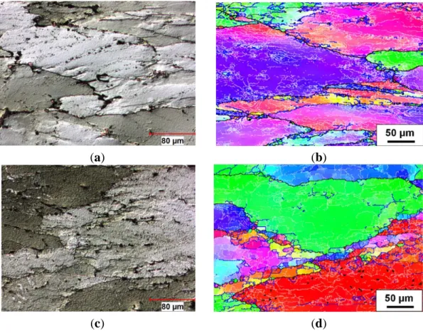 Figure  6.  Optical  micrographs  and  orientation  imaging  maps  showing  deformed  microstructures  under  different  deformation  conditions:  (a,b)  350  °C,  0.1  s −1 ;  and   (c,d) 350 °C, 0.001 s −1 