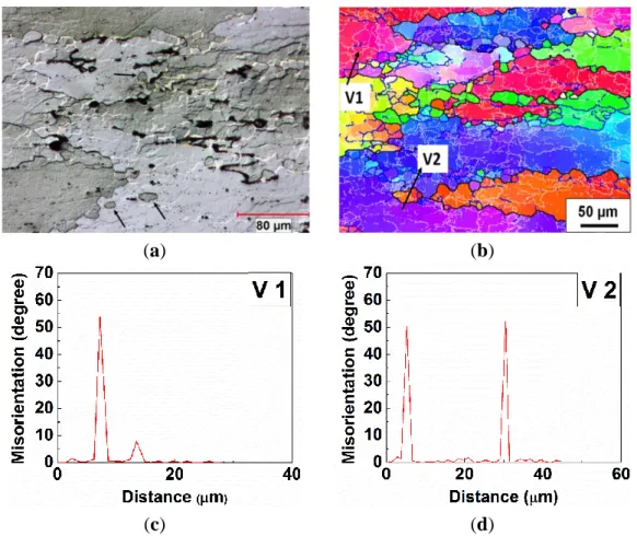 Figure  7.  Deformed  microstructures  under  deformation  condition  at  450  °C,  0.01  s −1 :   (a)  optical  micrograph;  (b)  orientation  imaging  map;  (c)  a  misorientation  profile  along  vector V1; and (d) a misorientation profile along vector 