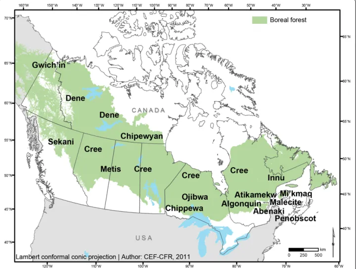 Figure 1 The boreal forest of Canada, and names and approximate locations of Aboriginal peoples discussed in this review