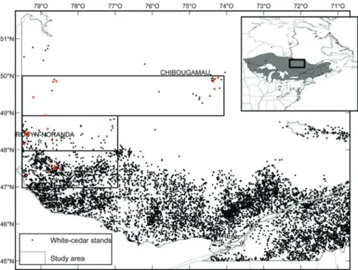 Figure 2. Distribution of eastern white cedar in Quebec and North America (shaded region in the map inset) and sampling sites were doted in red; the study area is divided according to bioclimatic zone (Paul 2011).