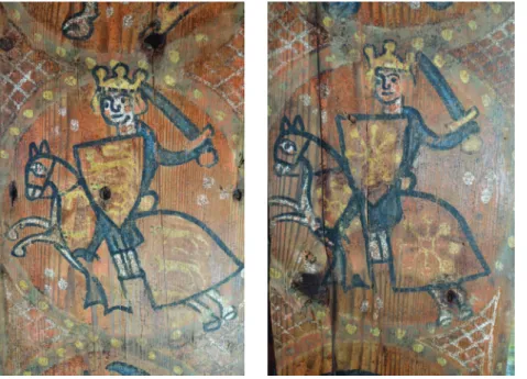 Fig. 19 et 20. Lagrasse (Aude), Maison du patrimoine ; images de rois à cheval, décor des sous-faces de planches  prove-nant de la maison du 9, rue des Cancans