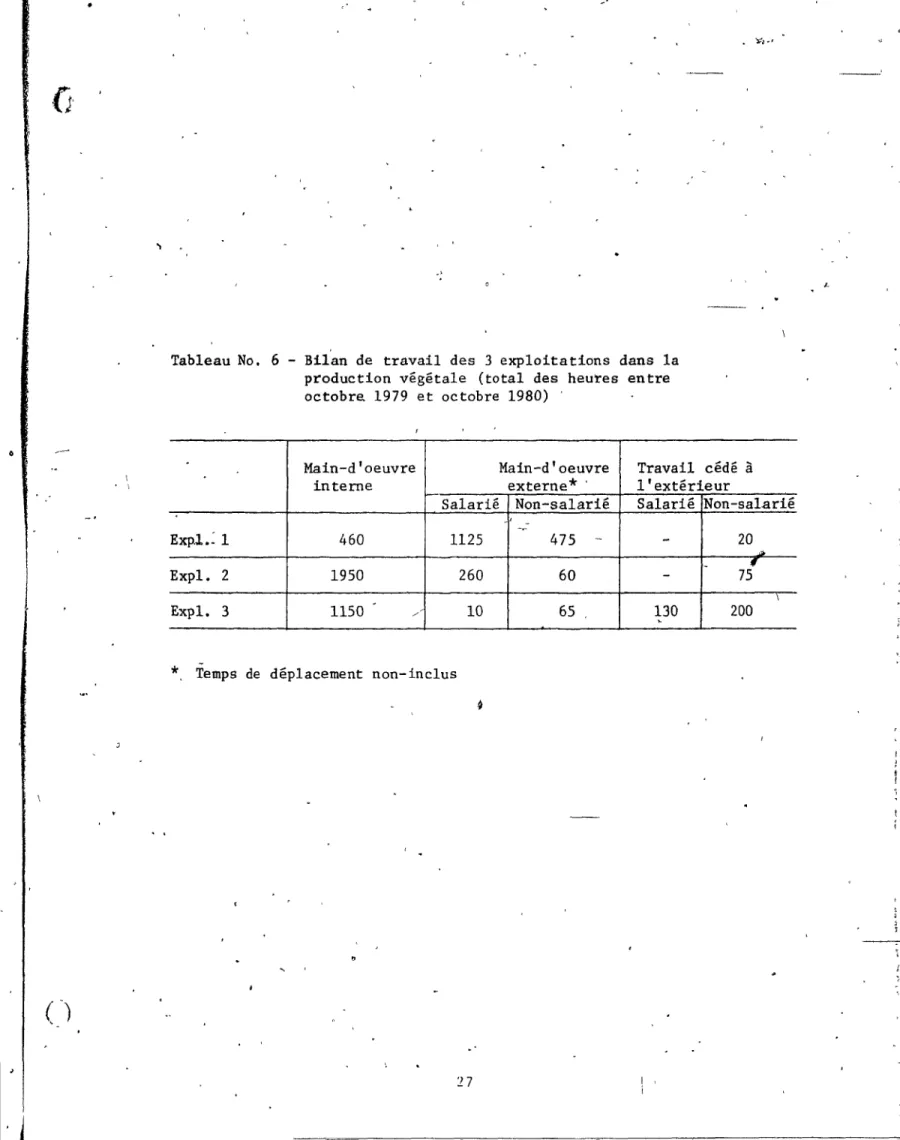 Tableau  No.  6  - Bilan  de  travail  des  3  exploitations  dans  la  production  vegéta1e  (total  des  heures  entre  octobre  1979  et  octobre  1980)  , 
