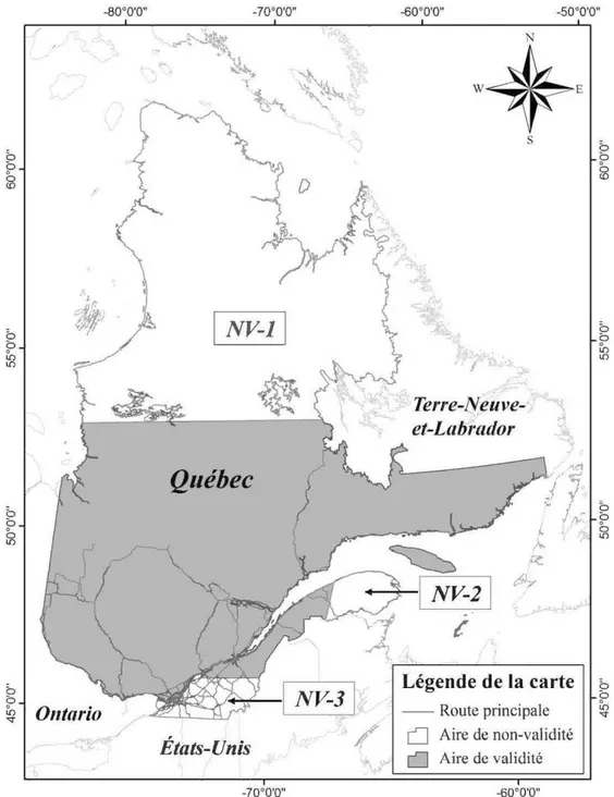 Figure 1.  Aire de validité des deux clés d'identifications présentées au Québec.  Les secteurs  de  non-validité  représentent  respectivement  les  régions  où  il  y  a  présence  de  lenunings  d'Ungava  (NV-1),  de musaraigne de Gaspé  (NV-2)  et de c