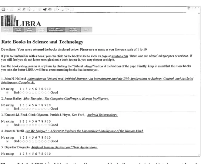 Figure 3.1-1. LIBRA3 : L’évaluation d’un ensemble de livres générés aléatoirernent lors de la première connexion de l’usager
