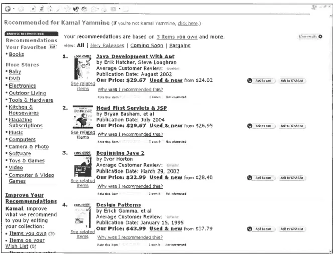 Figure 3.1-6. Amazon.com exemple de recommandations générées pour un client en utilisant la méthode basée sur les éléments