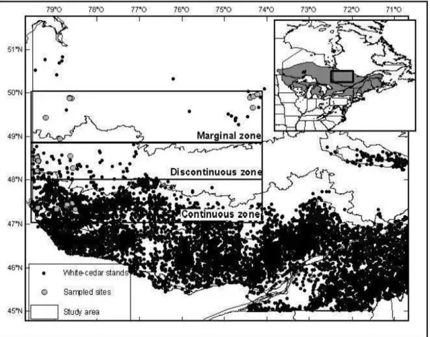 Figure 1.1  Distribution of eastern white-cedar across North America (insert) (USGS, 2009),  Québec  (MRNF,  2009)