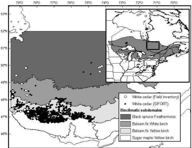 Figure 2.1 Distribution of sampled white-cedar stands from the field inventory  and fi·om the database  (MRNF,  2009)