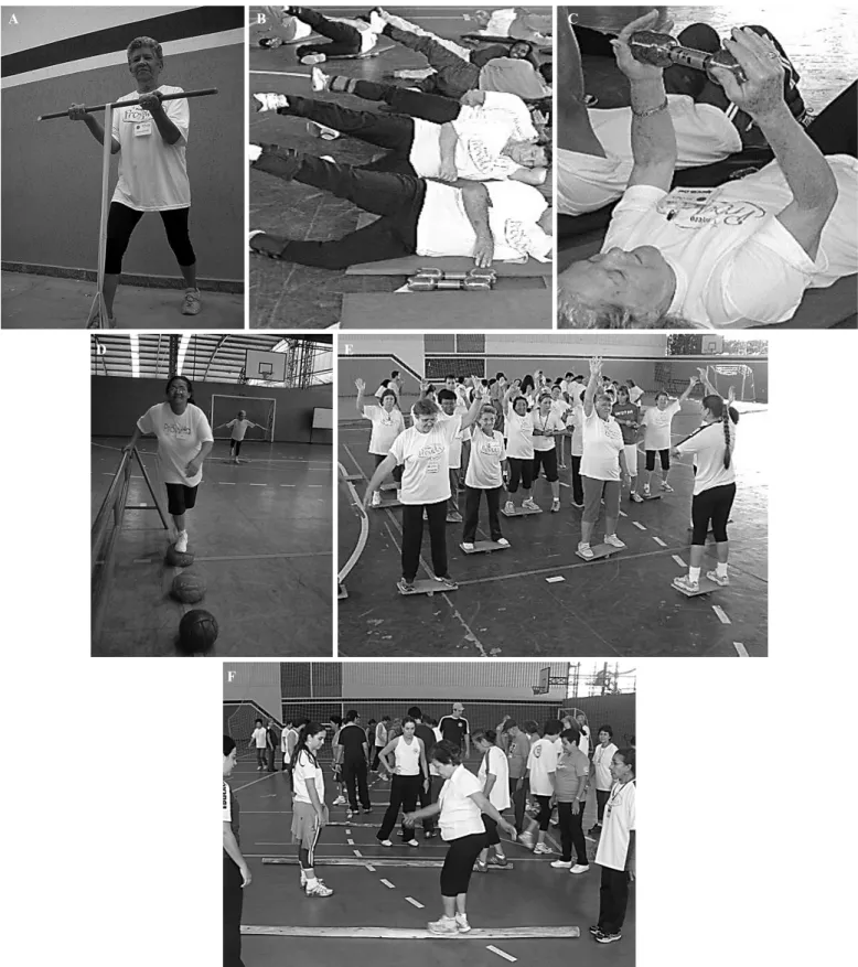 Figure 1. Illustration of the physical exercise program for G1 ACTIVE  group including two 60-min sessions each week based in exercises such as (A,  D) flexibility, (B, C, E) strength of lower-limb, and (F) postural balance.