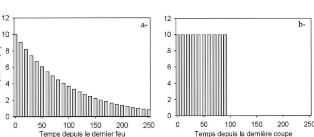 Figure  0.3.  Distribution  des  classes  d' âge  des  peuplements  forestiers  pour  (a  -)  une  forêt  naturelle dynamisée par un cycle de feux de  100 ans et (b -)une forêt aménagée selon  une révolution forestière de  100 ans