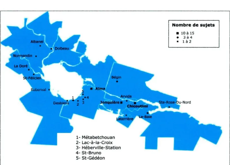 Figure 2.2 : Distribution géographique des sujets dans la région du Saguenay-Lac-St-Jean, selon leur lieu de naissance