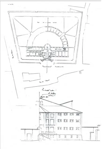 Fig. 8- Plan du rez-de-chaussée et élévation du projet définitif avant les  corrections (AN-F 21 1905, plans) 