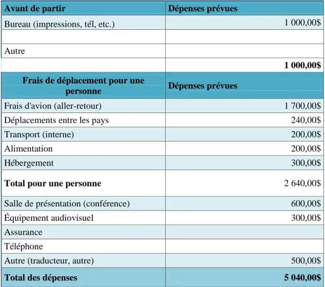 Tableau 4  Budget pour présentation des services en Europe de l'Est