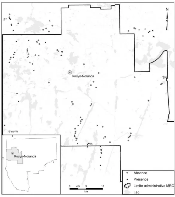 Figure 1.  Ponceaux échantillonnés avec présence ou absence de barrages de  Castor et  région d'étude en Abitibi