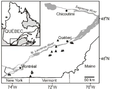 Figure 1. Location of the 16 temperate bogs studied in southern Québec (Canada).  