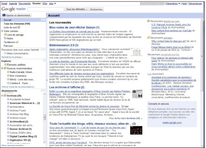 Figure 4 : La page d’accueil d’un compte de l’agrégateur de contenu de Google Reader. 