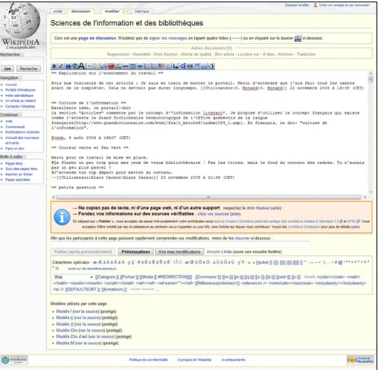 Figure 6 : La page de modification d’un article issu de l’encyclopédie Wikipédia, Sciences de l’information et  des bibliothèques, 