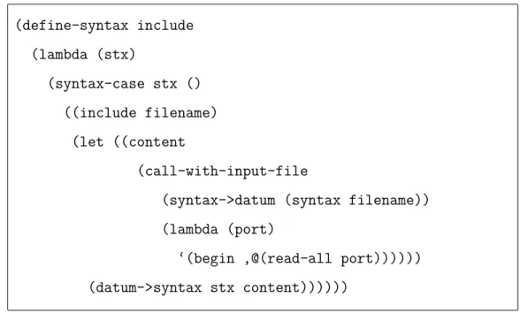 Fig. 2.4. Implémentation de la macro include qui permet l’inclusion d’un fichier dans un autre fichier avec la forme define-syntax.
