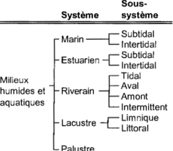 Figure  1.1.  Deux  premiers  niveaux  hiérarchiques  de  la  Classification  des  habitats  de  milieux  humides et aquatiques des États-Unis (modifié de Tiner 1999)