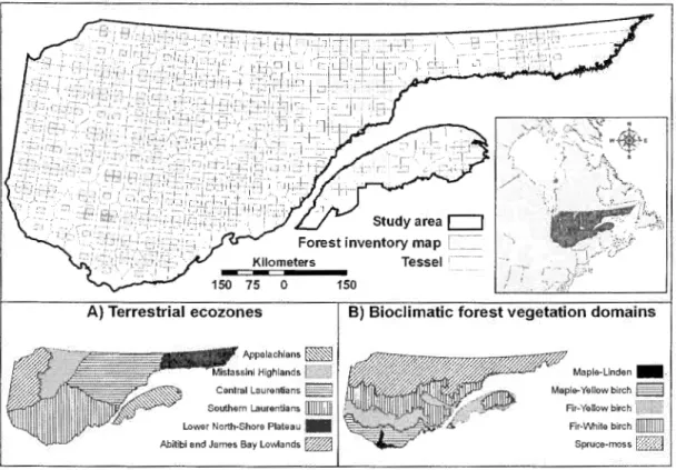 Figure  1.1.  Study  area  in  Quebec's forest-dominated  landscapes.  Forest inventory  map  leaflets  used  in the study are shown in grey