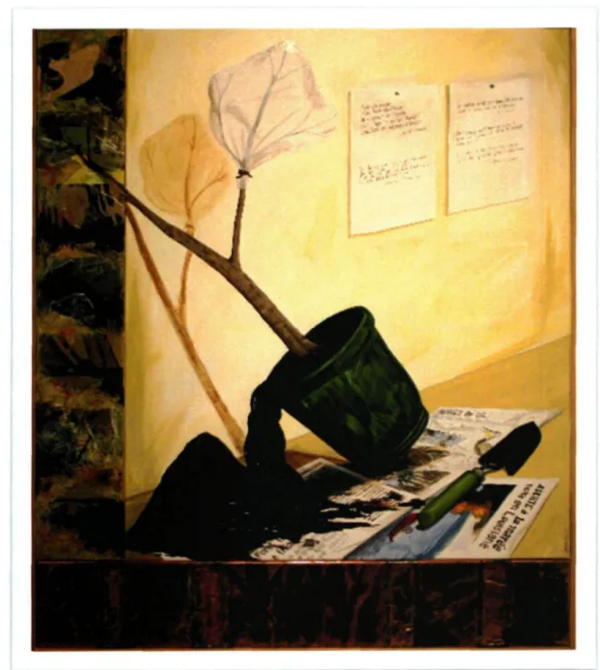 Figure 2. Nature morte, acrylique et collage sur toile et oxydes sur cuivre, Lorna Boily, 2011.