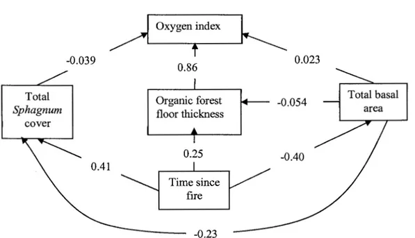 Figure 2.4 Path analysis of factors influencing oxygen index in black spruce chronosequence