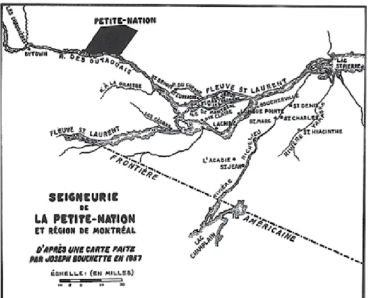 Figure 1 Seigneurie de la Petite-Nation et région de Montréal, d’après une carte faite par Joseph Bouchette en 1857.
