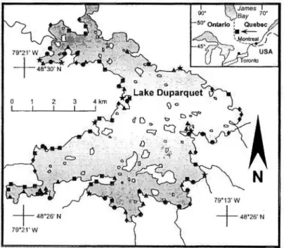 Figure 1.1  Location  of  the  Lake  Duparquet  study  area  and  the  95  transects  analyzed