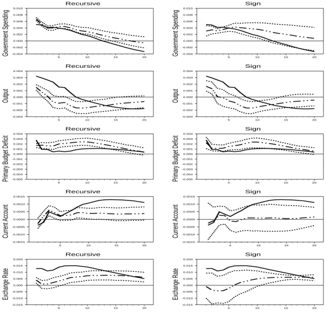 Figure 5: Dynamic responses to a government spending shock: Alternative identiﬁcation schemes.