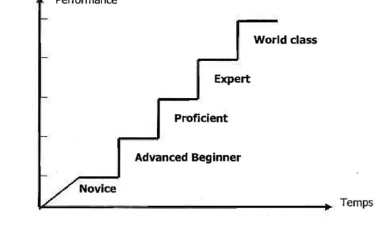 Figure 1.3 - Les niveaux du développement de la compétence  Performance   t-World class   t-Expert   1-Proficient   t-Advanced Beginner   r-_/Novice  Temps 