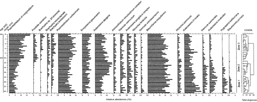 Figure 5 : Diatom stratigraphy for Lake LAB003 (Killirvïk), showing the relative abundance of the most abundant taxa (representing 80% of the total assemblages) ordered by increasing PCA axis 1 species scores (left to right).