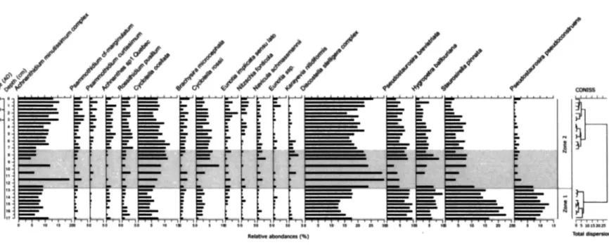 Figure 7 : Diatom stratigraphy for Lake LAB004 (Oppatik), showing the relative abundance of the most abundant taxa (representing 80% of the total assemblages) ordered by increasing PCA axis 1 species scores (left to right).