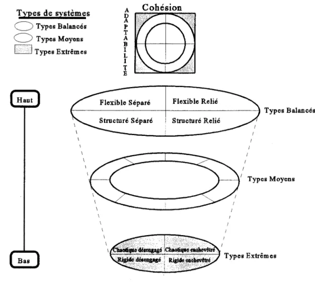 Figure 2.2 Figure tri-dimensionnelle du modèle circomplexe d'Oison et al.  (1989)  Txpes de  systèmes  0  Types Balancés  C)  Types Moyens  Types Extrêmes  1  1  1  1  A  !{ p T A B I L I I  1 1  1 1  Types Moyens  Types Extrêmes 