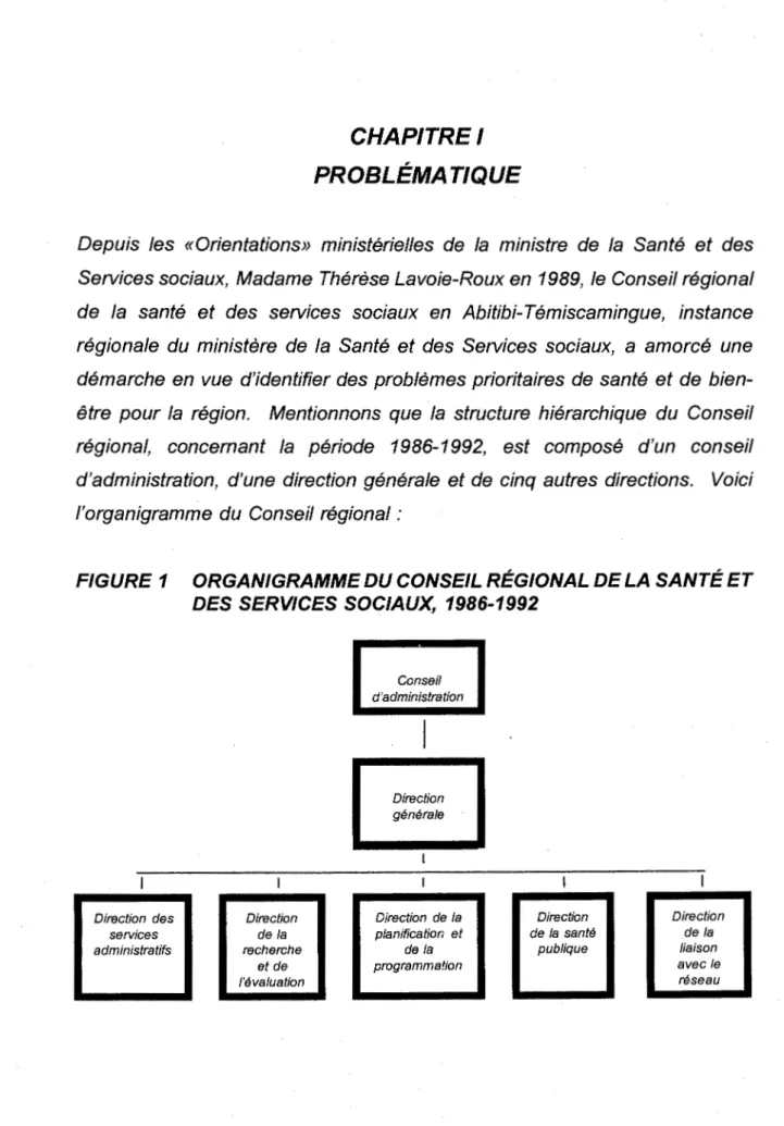 FIGURE 1  ORGANIGRAMME DU CONSEIL RÉGIONAL DE LA SANTÉ ET  DES SERVICES  SOCIAUX,  1986-1992 