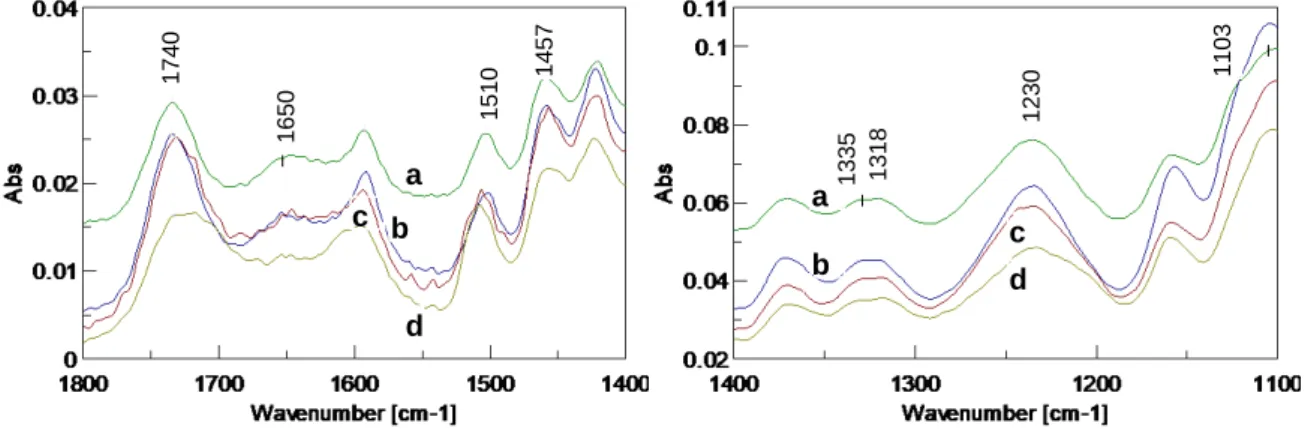 Fig. 6 FTIR spectra of birch heat-treated to different temperatures: (a) untreated; heat-treated to (b) 195°C, (c)  205°C, (d) 215°C  a  b  c  d a c b d 17401650 12301510 1103131813351457